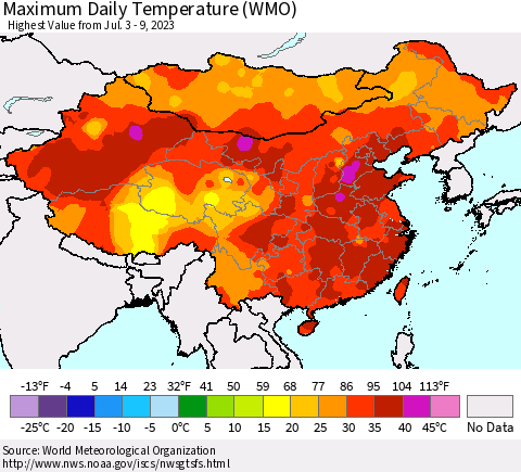 China, Mongolia and Taiwan Maximum Daily Temperature (WMO) Thematic Map For 7/3/2023 - 7/9/2023