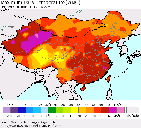 China, Mongolia and Taiwan Maximum Daily Temperature (WMO) Thematic Map For 7/10/2023 - 7/16/2023