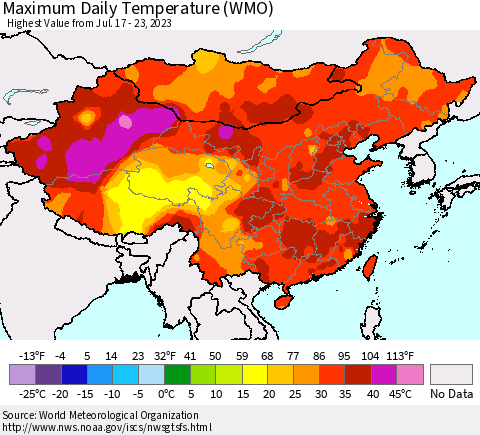 China, Mongolia and Taiwan Maximum Daily Temperature (WMO) Thematic Map For 7/17/2023 - 7/23/2023