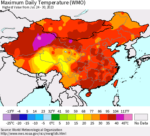 China, Mongolia and Taiwan Maximum Daily Temperature (WMO) Thematic Map For 7/24/2023 - 7/30/2023