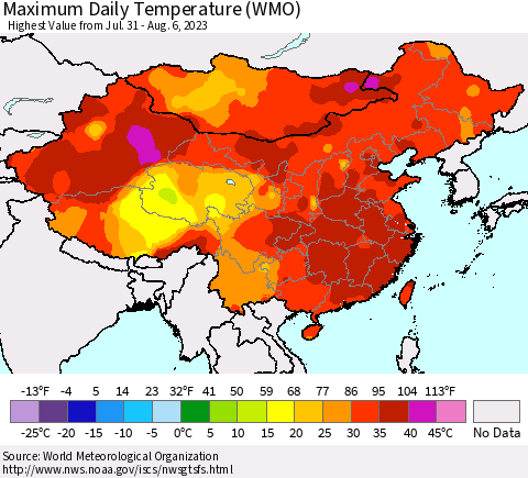 China, Mongolia and Taiwan Maximum Daily Temperature (WMO) Thematic Map For 7/31/2023 - 8/6/2023