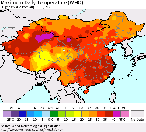 China, Mongolia and Taiwan Maximum Daily Temperature (WMO) Thematic Map For 8/7/2023 - 8/13/2023