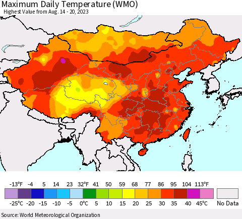 China, Mongolia and Taiwan Maximum Daily Temperature (WMO) Thematic Map For 8/14/2023 - 8/20/2023