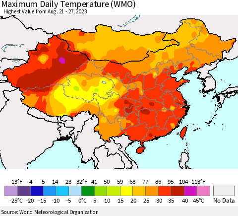 China, Mongolia and Taiwan Maximum Daily Temperature (WMO) Thematic Map For 8/21/2023 - 8/27/2023