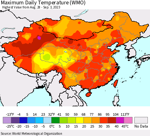 China, Mongolia and Taiwan Maximum Daily Temperature (WMO) Thematic Map For 8/28/2023 - 9/3/2023