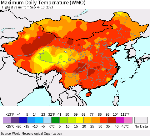 China, Mongolia and Taiwan Maximum Daily Temperature (WMO) Thematic Map For 9/4/2023 - 9/10/2023