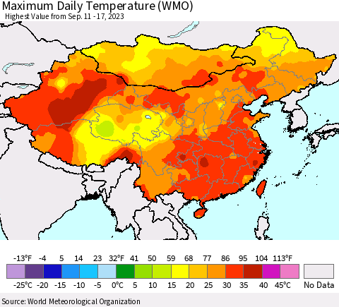 China, Mongolia and Taiwan Maximum Daily Temperature (WMO) Thematic Map For 9/11/2023 - 9/17/2023