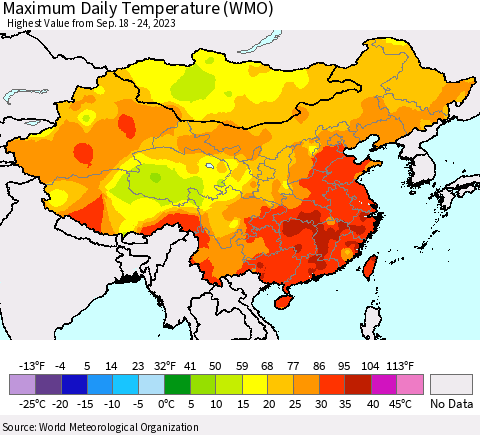 China, Mongolia and Taiwan Maximum Daily Temperature (WMO) Thematic Map For 9/18/2023 - 9/24/2023