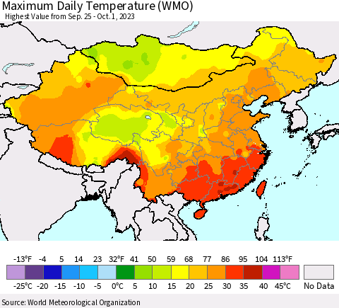 China, Mongolia and Taiwan Maximum Daily Temperature (WMO) Thematic Map For 9/25/2023 - 10/1/2023