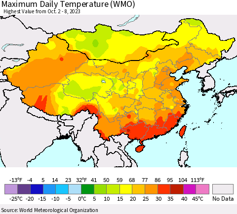 China, Mongolia and Taiwan Maximum Daily Temperature (WMO) Thematic Map For 10/2/2023 - 10/8/2023