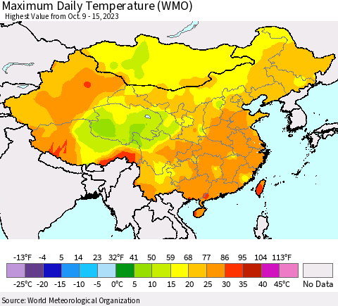 China, Mongolia and Taiwan Maximum Daily Temperature (WMO) Thematic Map For 10/9/2023 - 10/15/2023
