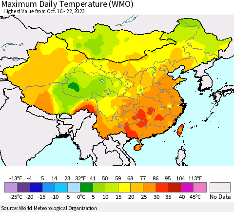 China, Mongolia and Taiwan Maximum Daily Temperature (WMO) Thematic Map For 10/16/2023 - 10/22/2023