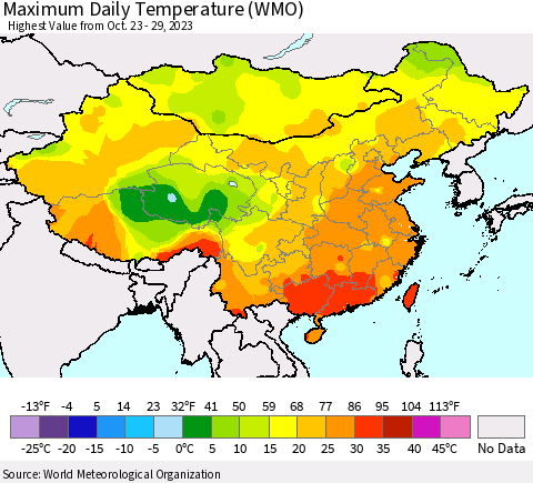 China, Mongolia and Taiwan Maximum Daily Temperature (WMO) Thematic Map For 10/23/2023 - 10/29/2023