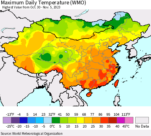 China, Mongolia and Taiwan Maximum Daily Temperature (WMO) Thematic Map For 10/30/2023 - 11/5/2023