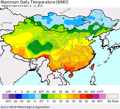 China, Mongolia and Taiwan Maximum Daily Temperature (WMO) Thematic Map For 11/6/2023 - 11/12/2023