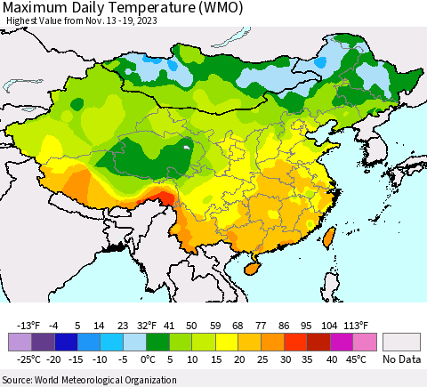China, Mongolia and Taiwan Maximum Daily Temperature (WMO) Thematic Map For 11/13/2023 - 11/19/2023