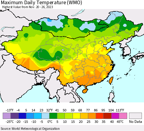 China, Mongolia and Taiwan Maximum Daily Temperature (WMO) Thematic Map For 11/20/2023 - 11/26/2023