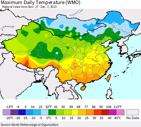 China, Mongolia and Taiwan Maximum Daily Temperature (WMO) Thematic Map For 11/27/2023 - 12/3/2023