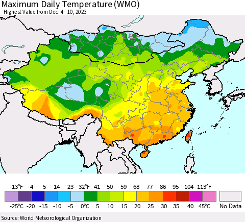 China, Mongolia and Taiwan Maximum Daily Temperature (WMO) Thematic Map For 12/4/2023 - 12/10/2023