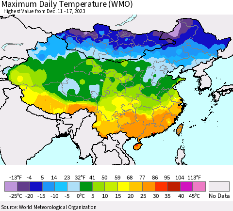 China, Mongolia and Taiwan Maximum Daily Temperature (WMO) Thematic Map For 12/11/2023 - 12/17/2023
