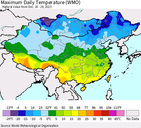 China, Mongolia and Taiwan Maximum Daily Temperature (WMO) Thematic Map For 12/18/2023 - 12/24/2023