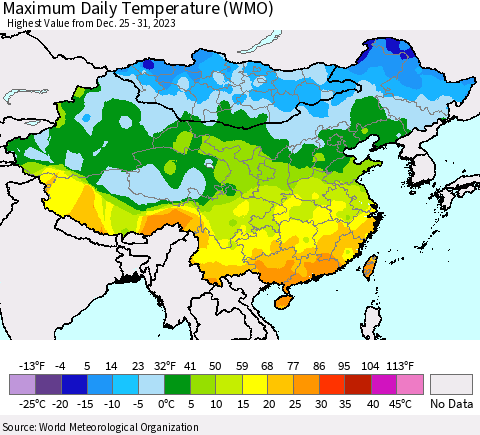 China, Mongolia and Taiwan Maximum Daily Temperature (WMO) Thematic Map For 12/25/2023 - 12/31/2023
