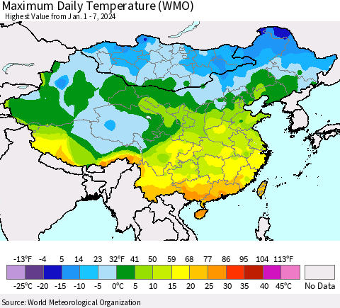 China, Mongolia and Taiwan Maximum Daily Temperature (WMO) Thematic Map For 1/1/2024 - 1/7/2024