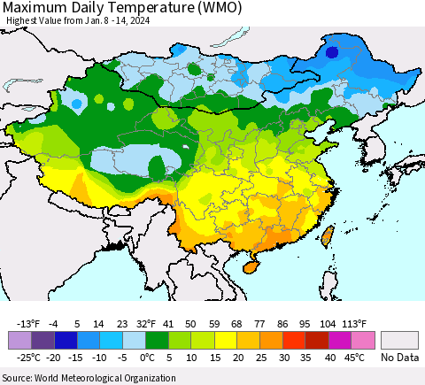 China, Mongolia and Taiwan Maximum Daily Temperature (WMO) Thematic Map For 1/8/2024 - 1/14/2024