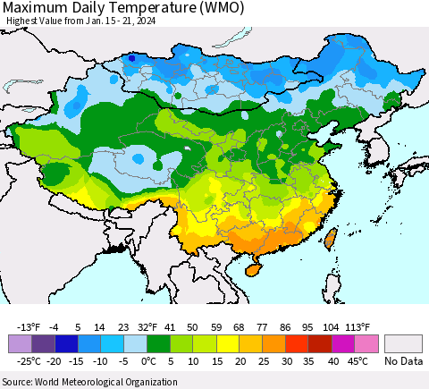 China, Mongolia and Taiwan Maximum Daily Temperature (WMO) Thematic Map For 1/15/2024 - 1/21/2024
