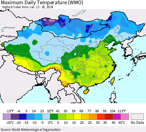 China, Mongolia and Taiwan Maximum Daily Temperature (WMO) Thematic Map For 1/22/2024 - 1/28/2024