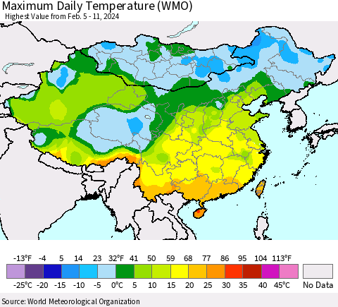 China, Mongolia and Taiwan Maximum Daily Temperature (WMO) Thematic Map For 2/5/2024 - 2/11/2024