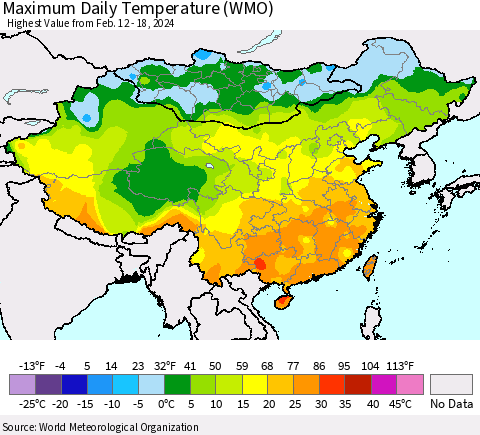 China, Mongolia and Taiwan Maximum Daily Temperature (WMO) Thematic Map For 2/12/2024 - 2/18/2024