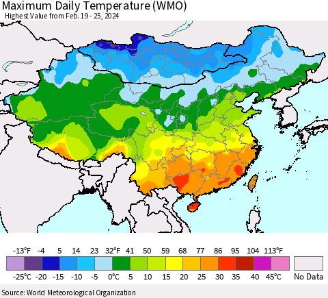 China, Mongolia and Taiwan Maximum Daily Temperature (WMO) Thematic Map For 2/19/2024 - 2/25/2024