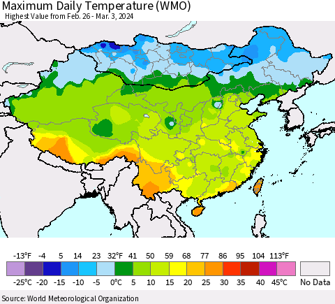 China, Mongolia and Taiwan Maximum Daily Temperature (WMO) Thematic Map For 2/26/2024 - 3/3/2024