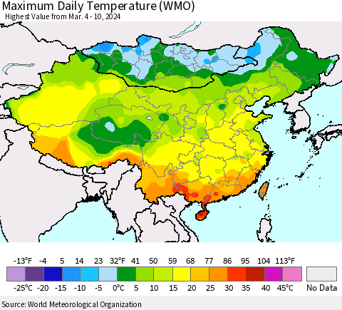 China, Mongolia and Taiwan Maximum Daily Temperature (WMO) Thematic Map For 3/4/2024 - 3/10/2024