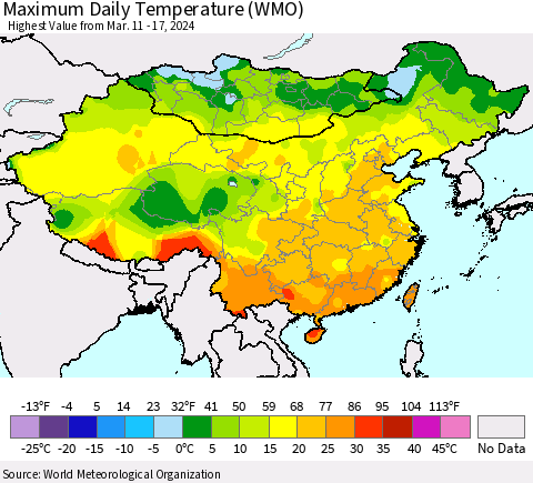 China, Mongolia and Taiwan Maximum Daily Temperature (WMO) Thematic Map For 3/11/2024 - 3/17/2024