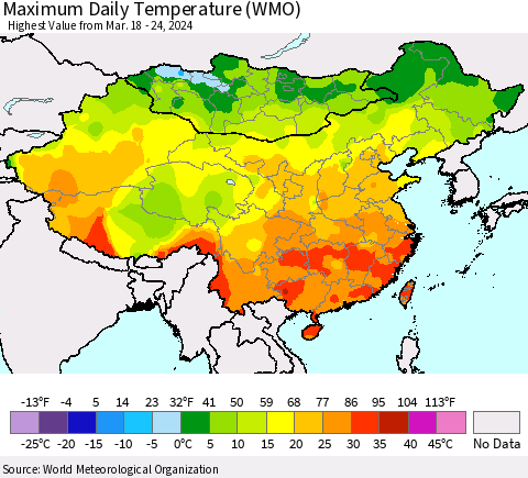 China, Mongolia and Taiwan Maximum Daily Temperature (WMO) Thematic Map For 3/18/2024 - 3/24/2024