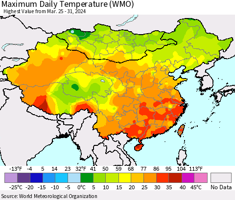 China, Mongolia and Taiwan Maximum Daily Temperature (WMO) Thematic Map For 3/25/2024 - 3/31/2024
