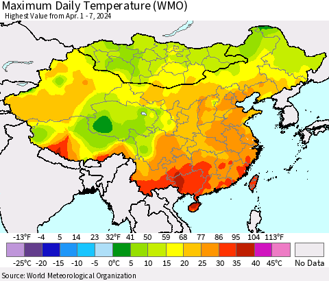 China, Mongolia and Taiwan Maximum Daily Temperature (WMO) Thematic Map For 4/1/2024 - 4/7/2024