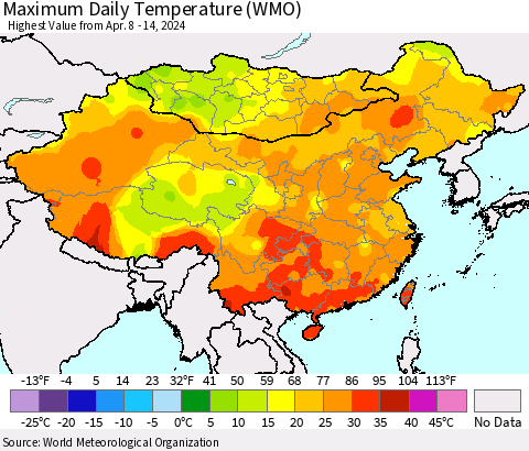 China, Mongolia and Taiwan Maximum Daily Temperature (WMO) Thematic Map For 4/8/2024 - 4/14/2024