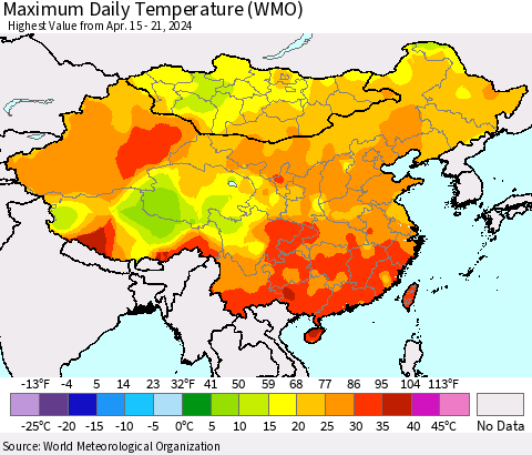 China, Mongolia and Taiwan Maximum Daily Temperature (WMO) Thematic Map For 4/15/2024 - 4/21/2024