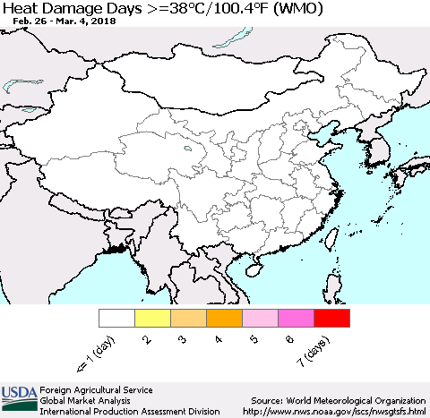 China, Mongolia and Taiwan Heat Damage Days >=38°C/100°F (WMO) Thematic Map For 2/26/2018 - 3/4/2018