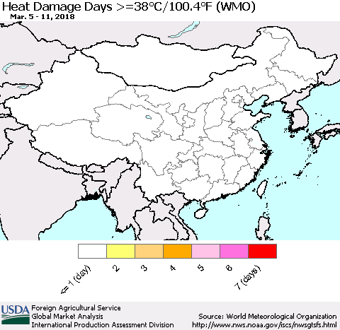 China, Mongolia and Taiwan Heat Damage Days >=38°C/100°F (WMO) Thematic Map For 3/5/2018 - 3/11/2018