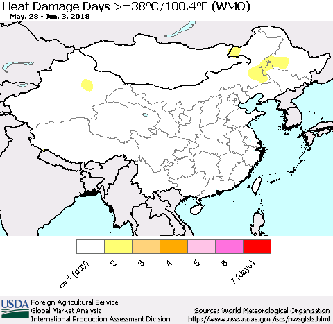 China, Mongolia and Taiwan Heat Damage Days >=38°C/100°F (WMO) Thematic Map For 5/28/2018 - 6/3/2018