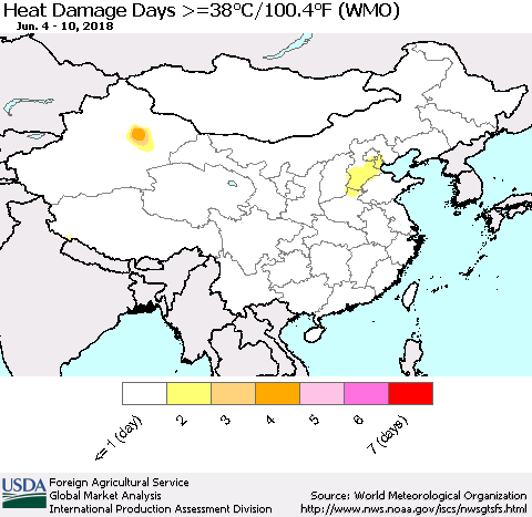 China, Mongolia and Taiwan Heat Damage Days >=38°C/100°F (WMO) Thematic Map For 6/4/2018 - 6/10/2018