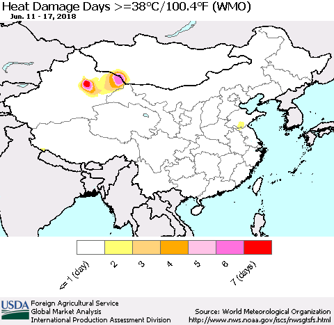 China, Mongolia and Taiwan Heat Damage Days >=38°C/100°F (WMO) Thematic Map For 6/11/2018 - 6/17/2018