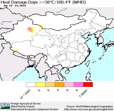 China, Mongolia and Taiwan Heat Damage Days >=38°C/100°F (WMO) Thematic Map For 6/18/2018 - 6/24/2018
