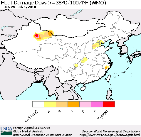 China, Mongolia and Taiwan Heat Damage Days >=38°C/100°F (WMO) Thematic Map For 6/25/2018 - 7/1/2018