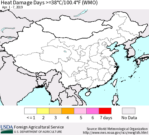 China and Taiwan Heat Damage Days >=38°C/100.4°F (WMO) Thematic Map For 4/1/2019 - 4/7/2019
