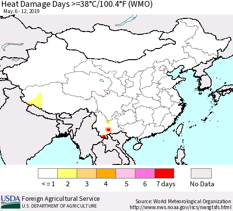 China, Mongolia and Taiwan Heat Damage Days >=38°C/100°F (WMO) Thematic Map For 5/6/2019 - 5/12/2019